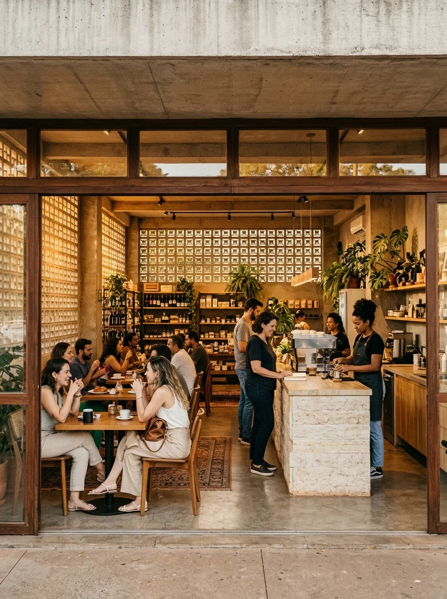 Comércio local vivo e movimentado na Asa Sul em Brasília